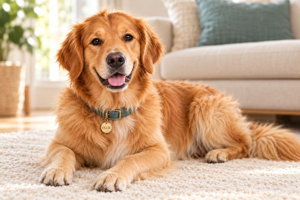 Ollie Butterbean, a Golden Retriever wearing a teal collar, resting on a cream rug beside a sofa.