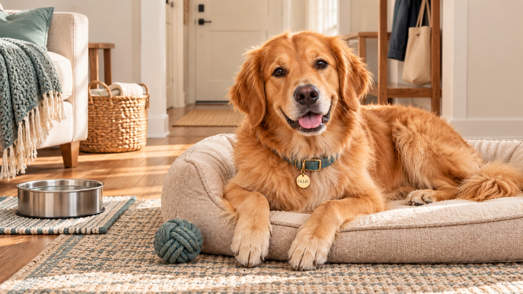 Ollie, a Golden Retriever, resting on a dog bed beside a water bowl and toy in a small apartment.