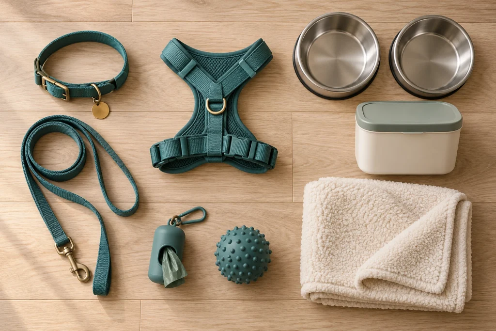 Dog collar, leash, harness, bowls, storage container, waste bags, toy, and blanket arranged on a wooden floor.
