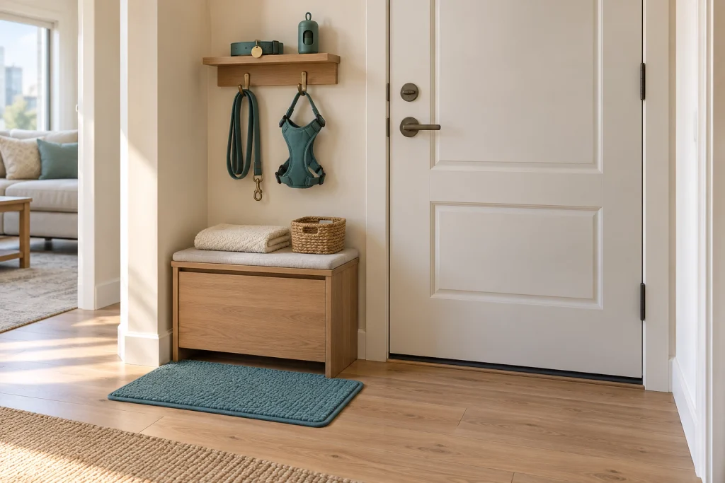 A compact dog walking station with a leash, harness, collar, waste bags, and towel beside an apartment door.